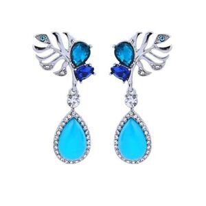Blue Crystal Rhinestone Flower Vintage Silver Drop Dangle Statement Earrings